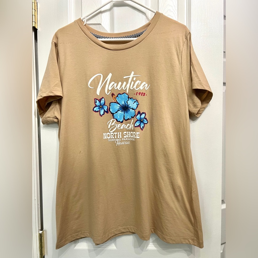 Nautica Tan Short Sleeve Tee with Blue Floral Graphic